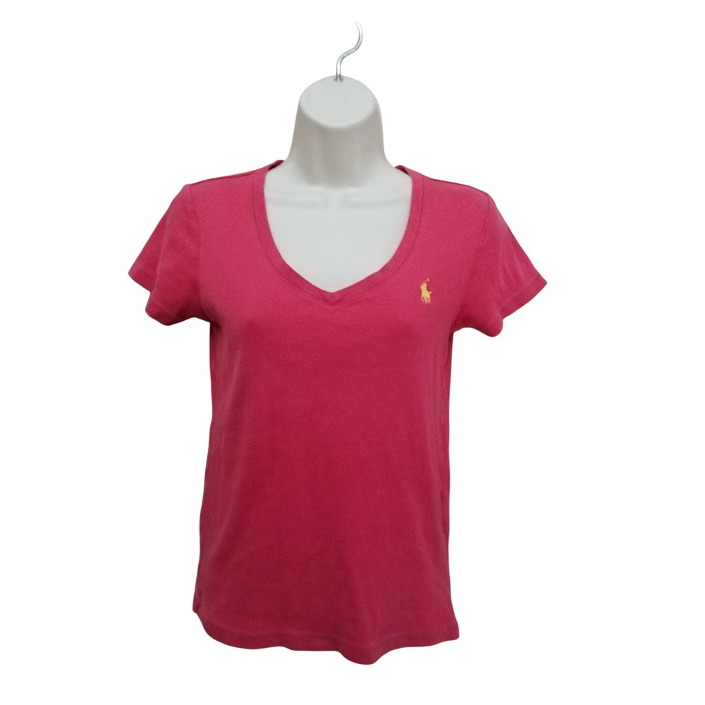 Ralph Lauren Sport M Pink V-Neck T-Shirt Women's Pony Logo Tee Medium Cotton Top